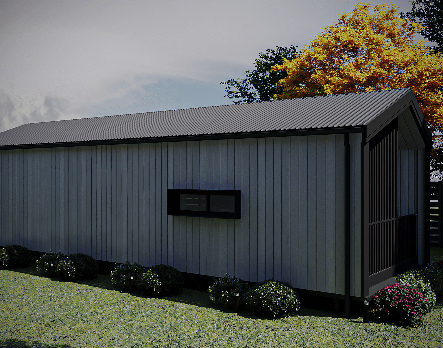 Front-right perspective highlighting the covered entrance deck, timber flooring, and surrounding lawn (Lexicon Half light grey vertical cladding with dark Basalt roof and trim, captured under clear daylight).
