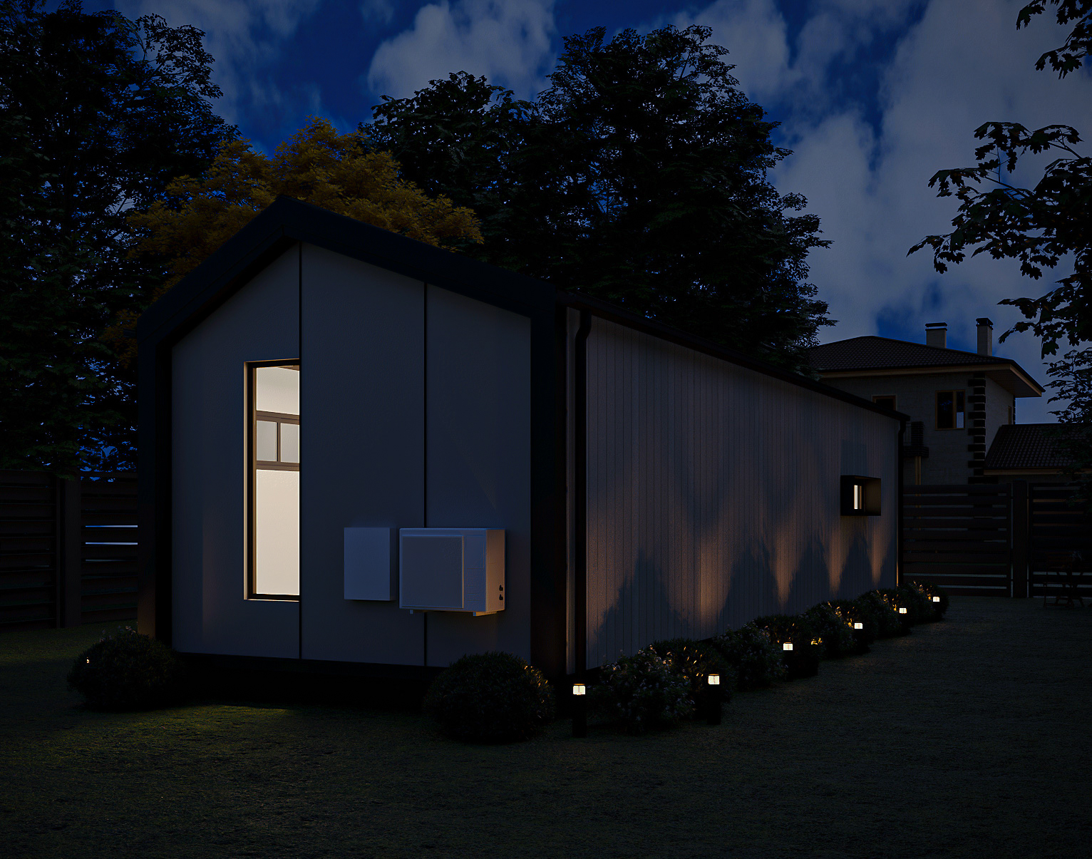 Night high-angle render showing architectural roofline details, illuminated windows, and outdoor terrace lighting (Lexicon Half light grey vertical cladding with dark Basalt roof and trim, captured at twilight under warm architectural lighting).