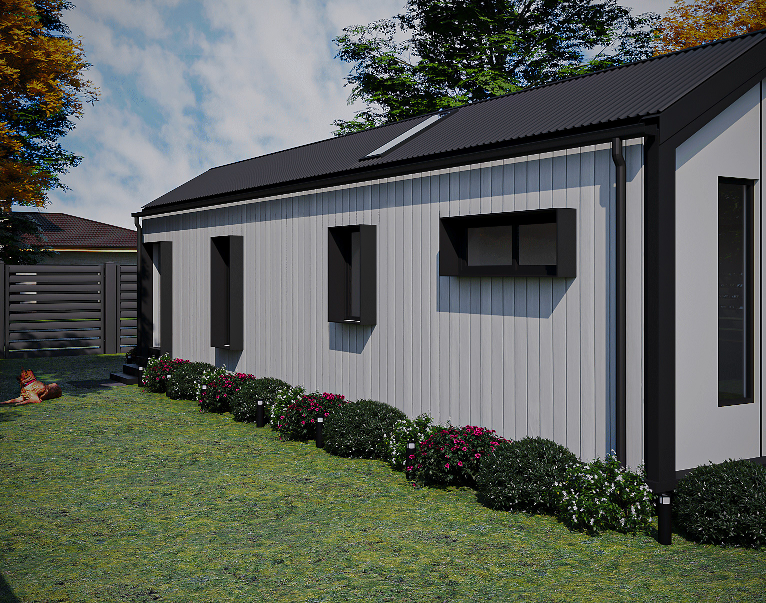 Wide hero perspective of the complete 1-Bedroom granny flat set within a modern residential backyard landscape (Lexicon Half light grey vertical cladding with dark Basalt roof and trim, captured under clear daylight).