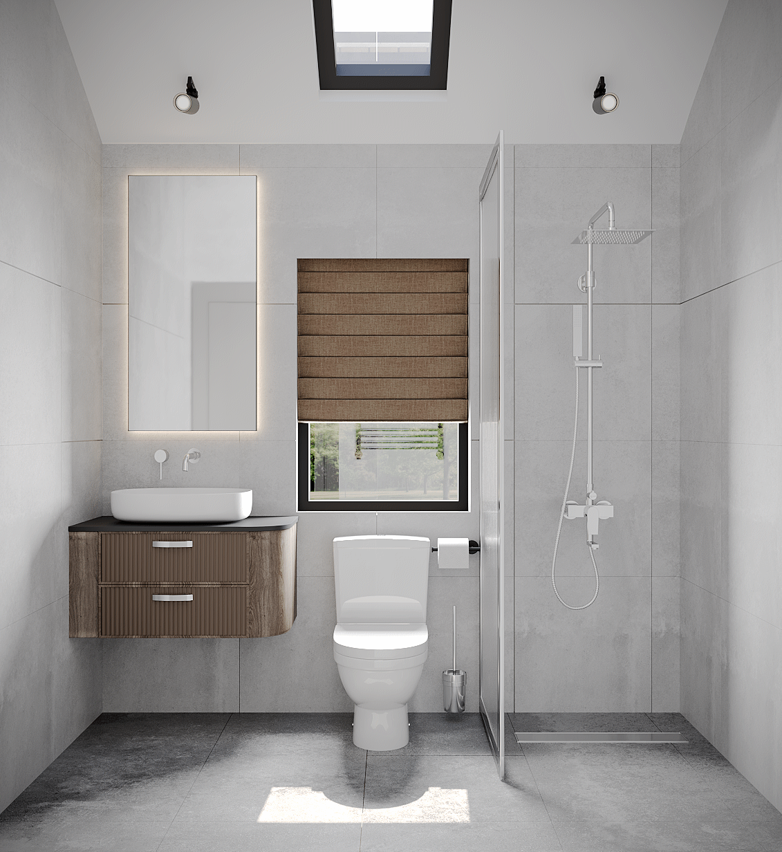 1 Bedroom bathroom at daylight with lights off view 1