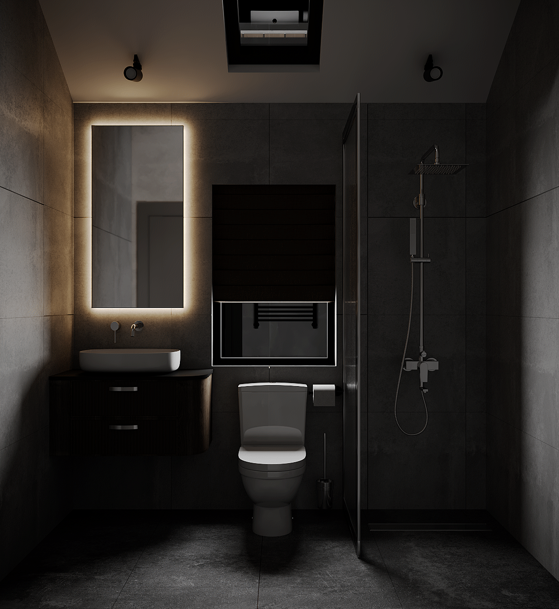 1 Bedroom bathroom at night with lights on
