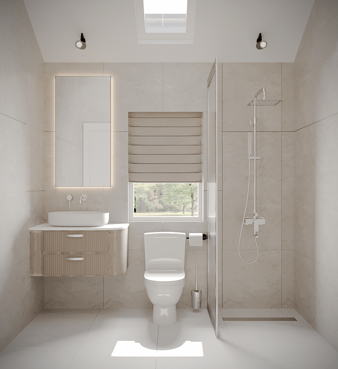 Bright modern bathroom with a wall-mounted vanity, toilet, walk-in glass shower, skylight, and soft beige tiles creating a calm, clean feel.