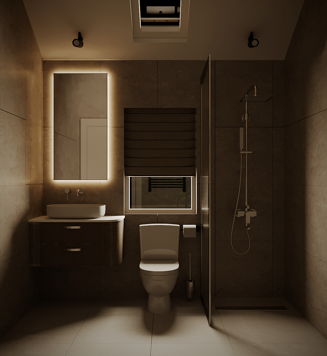 Modern, warmly lit bathroom with a glowing wall mirror, floating vanity, toilet, dark tiled walls, and glass shower; calm, elegant atmosphere.