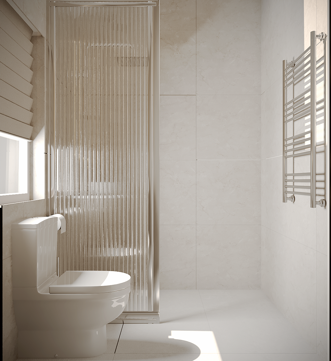 Bright minimalist white bathroom with a modern toilet, textured glass privacy screen, window blinds, chrome towel radiator, and serene sunlight.