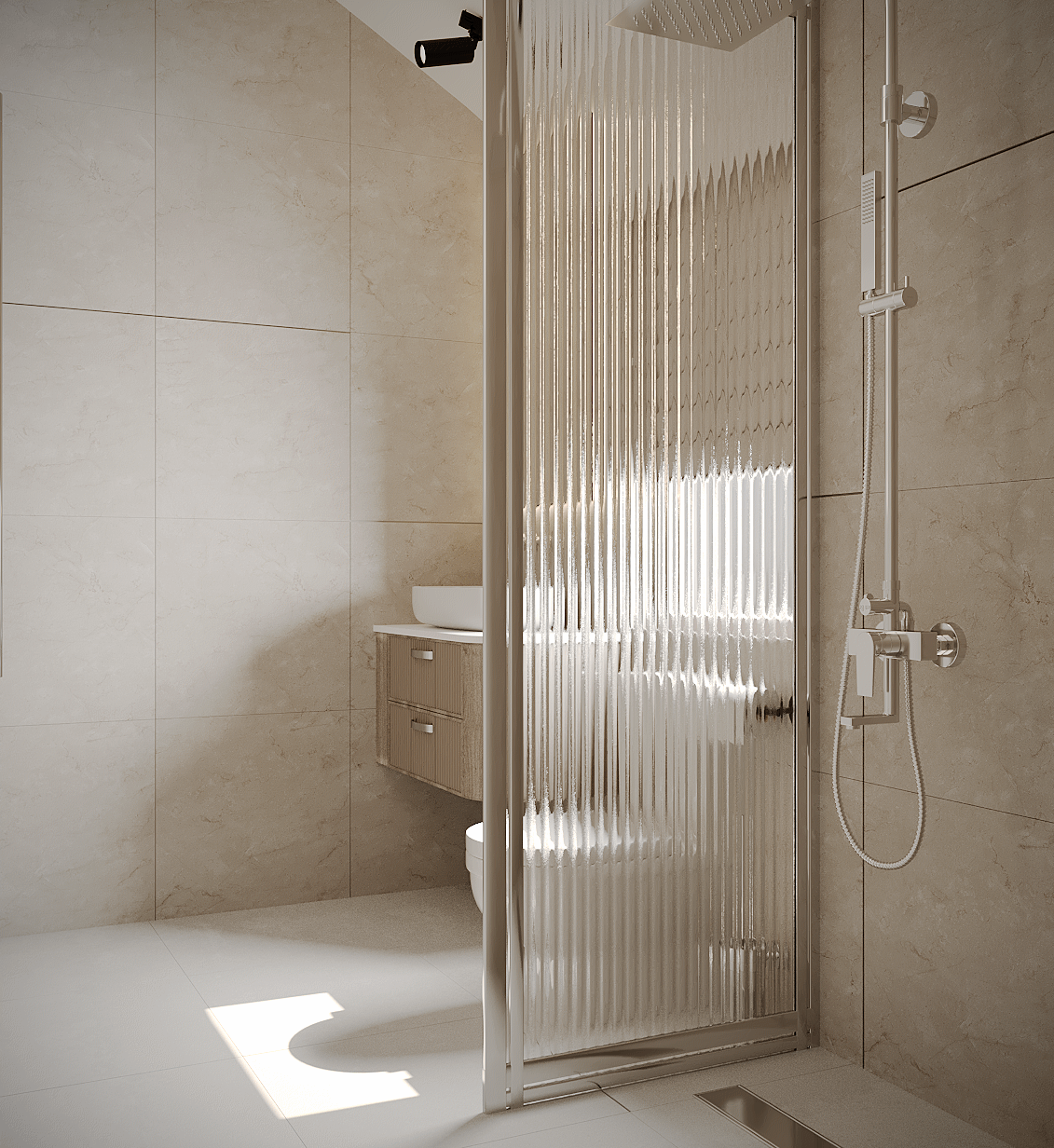 Modern beige-tiled bathroom with fluted glass shower enclosure, rainfall and handheld fixtures, floating vanity, and bright sunlight; serene tone.