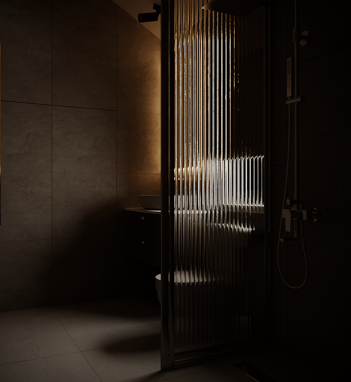 Dimly lit modern bathroom with a vertically textured glass shower door, warm accent lighting, and a moody, elegant atmosphere.